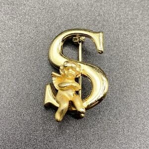 Vintage Razza Letter S Initial Brooch Pin Cherub Angel Gold Tone